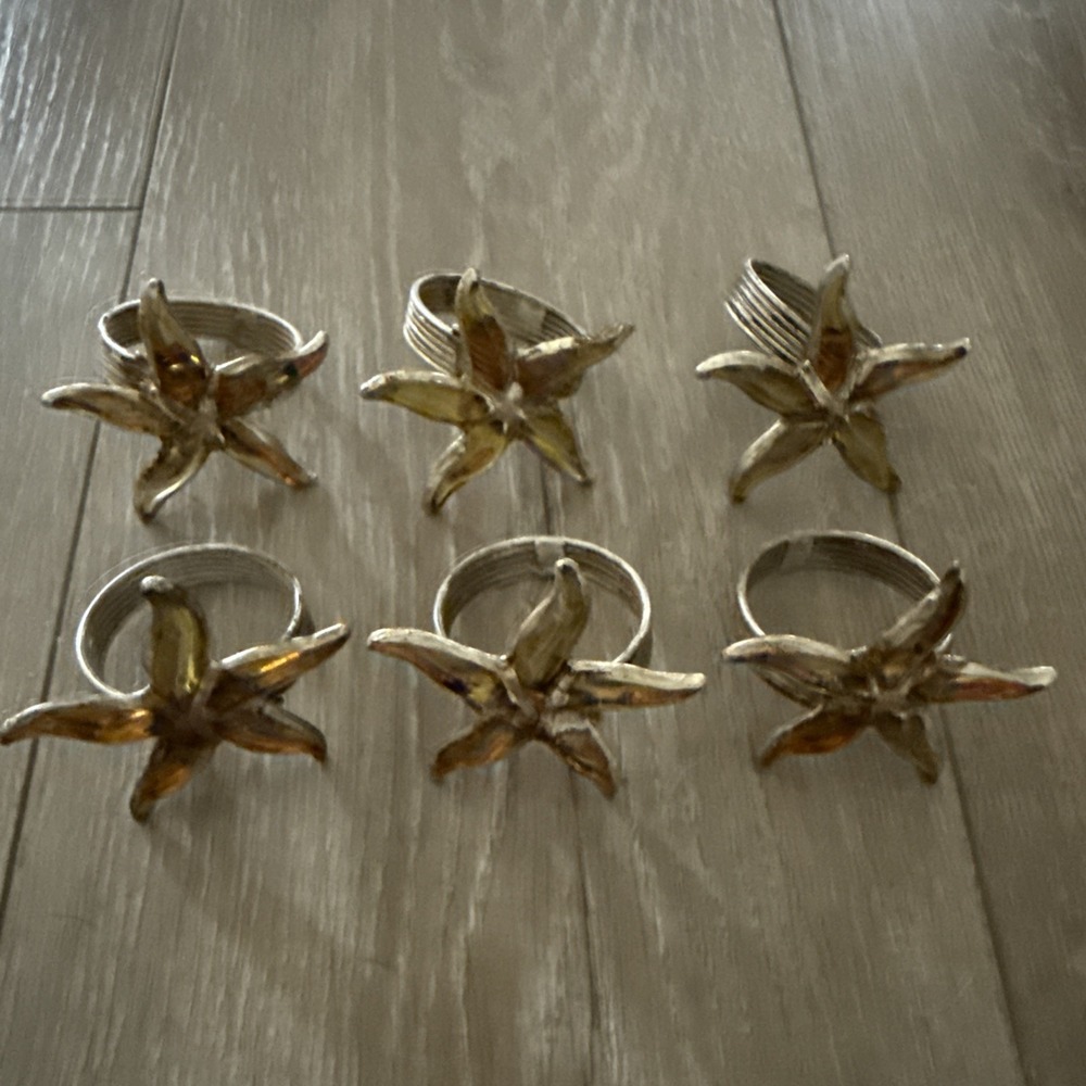 Handcrafted Starfish Napkin Rings Sodered Amber Arms/ Distressed Lead Set of 6